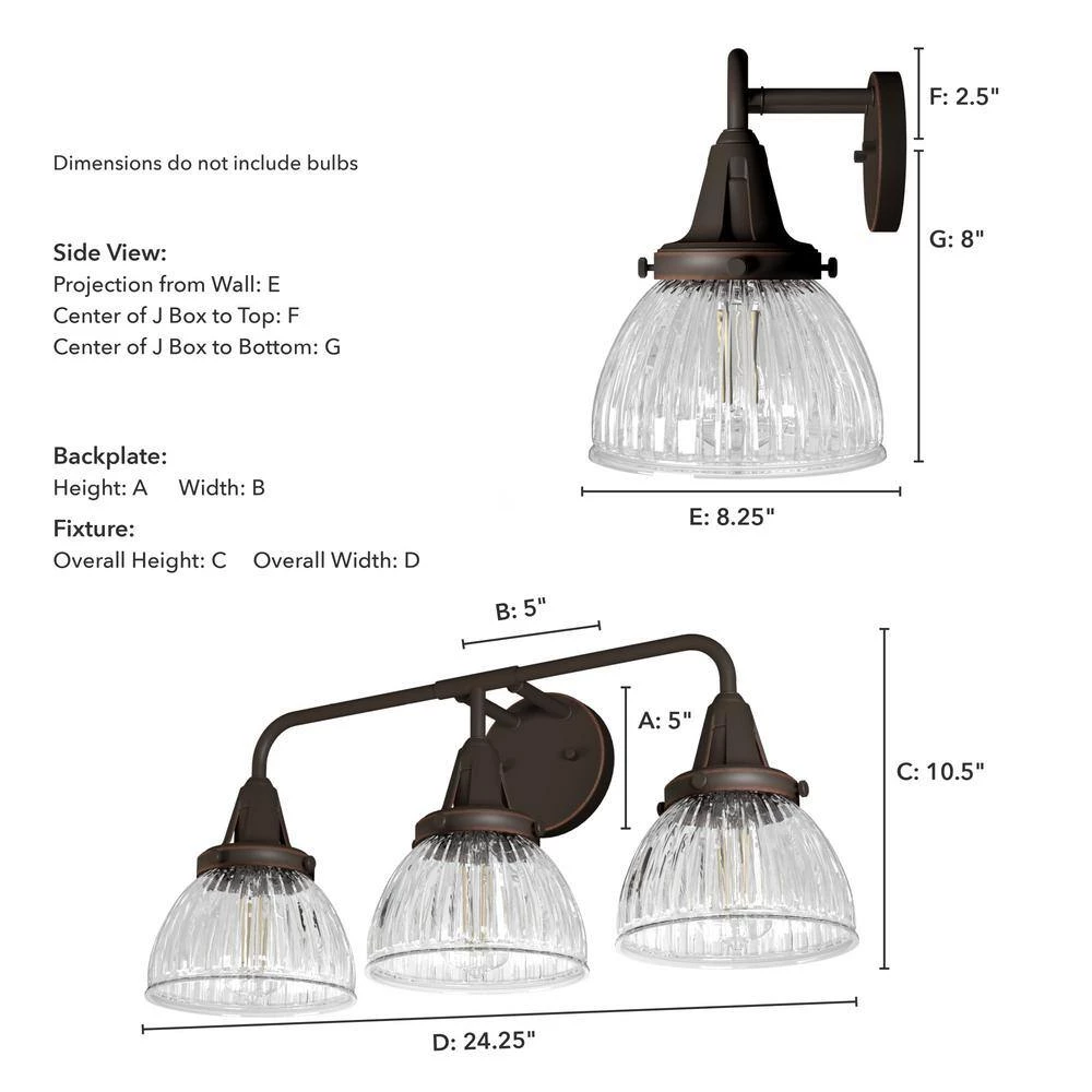 Cypress Grove 24.25 in. 3 Light Onyx Bengal Vanity Light with Clear Holophane Glass Shades Bathroom Light by Hunter 9 Cypress Grove 24.25 in. 3 Light Onyx Bengal Vanity Light with Clear Holophane Glass Shades Bathroom Light by Hunter - Image 7